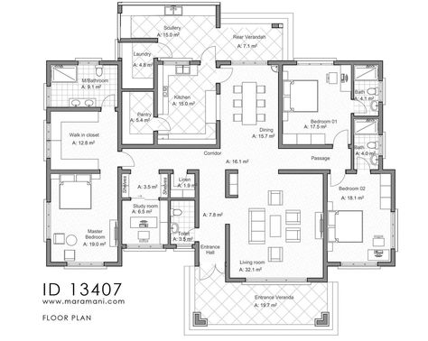 3 Bedrooms country house - ID 13407 - House Designs by Maramani 60x30 House Plans Layout, Arabic Style House, 4 Room House Plans, Staff Quarters, Arabic Architecture, Roof Eaves, 1 Bedroom House Plans, 4 Bedroom House Designs, African Architecture