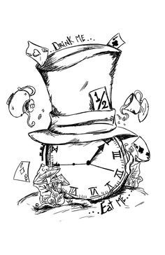 Alice in Wonderland Have a tea party set up on top of the hat, different style hat, more of a pocket watch clock... Alice In Wonderland Drawings, Wonderland Tattoo, Theme Tattoo, Cat Tattoos, Disney Tattoo, Wonderland Quotes, Butterfly Tattoos, Tiny Tattoo, Disney Tattoos