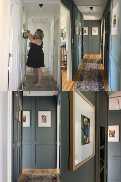 Get inspired by this stunning dark and moody hallway makeover! Witness the incredible DIY transformation, and discover creative ideas for your own home. Accent Color Hallway, Dark Board And Batten Hallway, Moody Green Hallway, Dark And Moody Hallway, Best Hallway Colors, Paint Color For Dark Hallway, Paint Before And After, Long Dark Hallway Ideas, Dark Moody Hallway