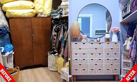 Mum shares wardrobe makeover using items from Kmart, IKEA and Bunnings Dresser Alternative, Wardrobe Transformation, Wardrobe Makeover, Walk In Wardrobe, Daily Mail, Walk In, Dresser, Drawers, Interior Design