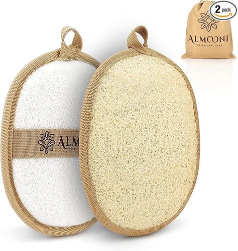 Revitalize your skin with ALMOONI natural loofah pads. These lightly textured sponges exfoliate dead cells for a radiant glow. The soft terry cloth reverse removes oils and debris. Easy-to-use with hand straps and anti-fray hanging loops for quick drying. Flexible design fits all hands, ideal for men and women. Perfectly gift-packaged, great for weddings or housewarming gifts. #bathtub #relax #Scrub #Shower Exfoliating Pads, Natural Loofah, Loofah Sponge, Body Scrubber, Flaky Skin, Natural Care, Dead Skin, Body Oil, Shower Bath