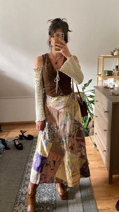 Patchwork Skirt Aesthetic, Chic Indie Outfits, Autumn 70s Outfits, Patchwork Maxi Skirt Outfit, Fall Outfits Whimsical, Animal Print Fall Outfits, Sweatervest Aesthetic Outfit Fall, Light Whimsigothic Outfits, Fairycore Fall Outfits