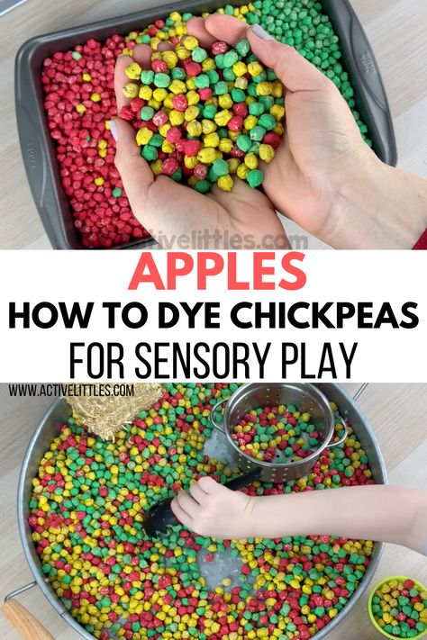 How to Dye Dried Chickpeas for Sensory Play - Apple Theme  - Active Littles Apple Theme Sensory, Preschool Apple Theme Activities, Apple Lesson Plans, Apple Theme Activities, Dried Chickpeas, Preschool Apple Theme, September Preschool, Fall Sensory Bin, Apple Lessons