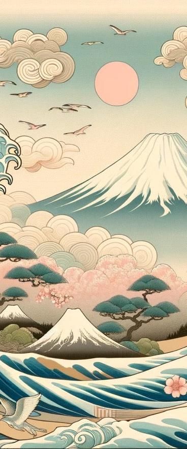 Découvrez la grandeur d'un paysage japonais traditionnel avec ce Papier peint japonais, où la puissance d'une vague majestueuse rencontre la délicatesse des fleurs de cerisier. L'iconique Mont Fuji se dresse en arrière-plan, ajoutant une dimension de tranquillité et de permanence à la scène. La douceur de l'aube colore le ciel de ce Papier peint japonais fleurs, offrant une palette de couleurs apaisantes et invitant à la sérénité au sein de votre espace de vie.Les nuances pastel et les détails s Japanese Vibes Aesthetic, Japan Pattern, Akali League Of Legends, Design Japonais, Mont Fuji, Japon Illustration, Japanese Patterns, Textile Art, League Of Legends