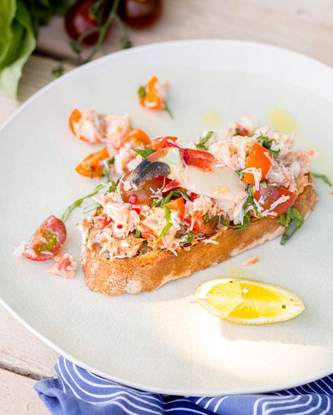 Fresh Crab Bruschetta Crab Bruschetta Recipe, Dressed Crab Recipes, Bruschetta Fish, Seafood Bruschetta, Crab Bruschetta, Crab Crostini, Brushetta Appetizers, Rockfish Recipes, Fresh Fish Recipes