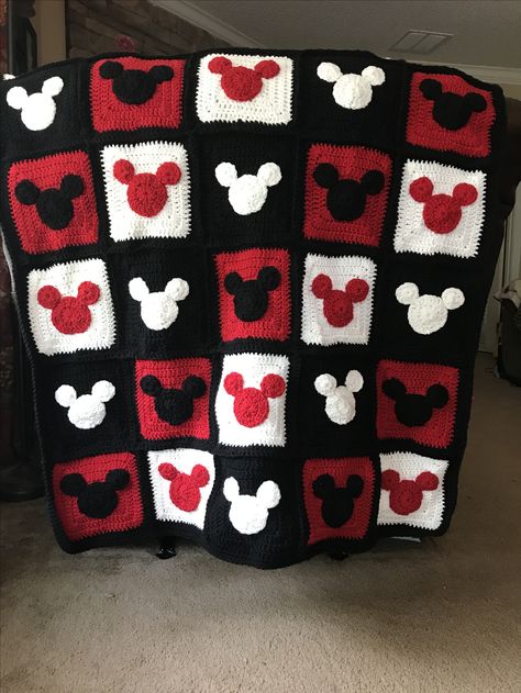 Mickey Mouse inspired crochet blanket  http://etsy.com/shop/earsulacrochets Mickey Mouse Afghan Crochet Pattern, Mickey Mouse Crochet Blanket Pattern, Mickey And Minnie Crochet Patterns, Disney Blanket Crochet, Crochet Free Pattern Blanket, Mickey Mouse Granny Square Pattern, Mickey Crochet Blanket, Disney Crochet Patterns Blanket, Mickey Mouse Amigurumi Free Pattern