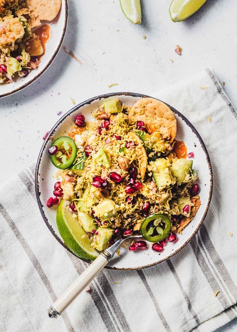 Avocado Millet Papdi Chaat - MapleChutney Millet Recipes, Tamarind Chutney, Chaat Recipe, Green Chutney, Indian Street, Chaat Masala, Indian Street Food, Red Chili Powder, Roasted Peanuts