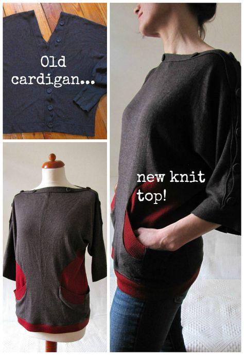 Upcycle: Too-small cardigan into new knit wonder! Upcycle Cardigan, Cardigan Diy, Clothes Upcycle, Small Cardigan, Diy Clothes Refashion, Upcycle Repurpose, Diy Clothes Videos, Lagenlook Style, Sweater Refashion