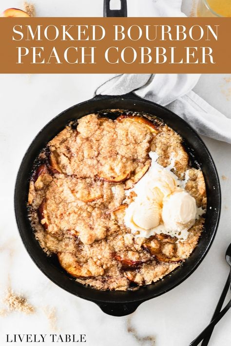 Unfussy summer dessert doesn't get any better than this easy bourbon peach cobbler made with fresh peaches. It gets cooked on the smoker for a hint of smoky flavor on top of the sweet, juicy, bourbon-spiked filling and crisp brown sugar crust. No smoker? You can bake it in the oven, too! Bourbon Peach Cobbler, Easy Smoker Recipes, Traeger Cooking, Pellet Smoker Recipes, On The Smoker, Grilled Desserts, Traeger Recipes, Pellet Grill Recipes, Peach Desserts