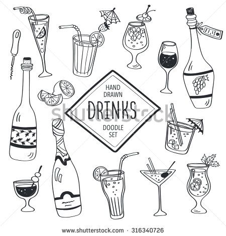 Drinks doodle set. Hand drawn cocktails icons isolated on white background. Doodle beverages collection. Bottles, glass, cocktails. Water, wine and juice. Drinks Doodle, Drawn Cocktails, Sketch Note, Doodle Icon, Juice Drinks, Bullet Journal Doodles, Journal Doodles, Doodle Drawings, Art Journals