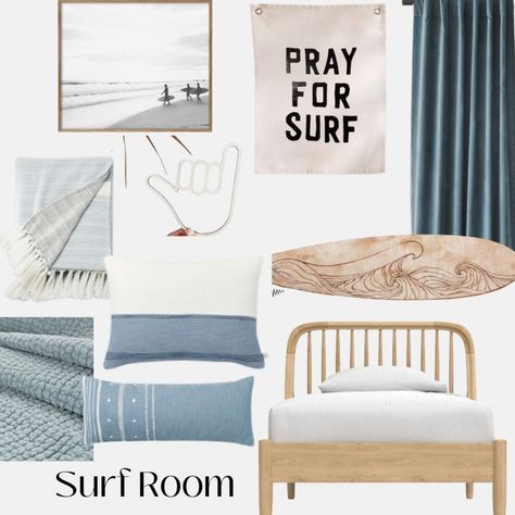 Surf Room Ideas Bedrooms, Surfer Style Bedroom, Surf Guest Room, Surfer Playroom, Surfer Decor Surf Style Home, Vintage Surf Bedroom, Surf Theme Bathroom, Surfer Themed Bedroom, Coastal Toddler Boy Room