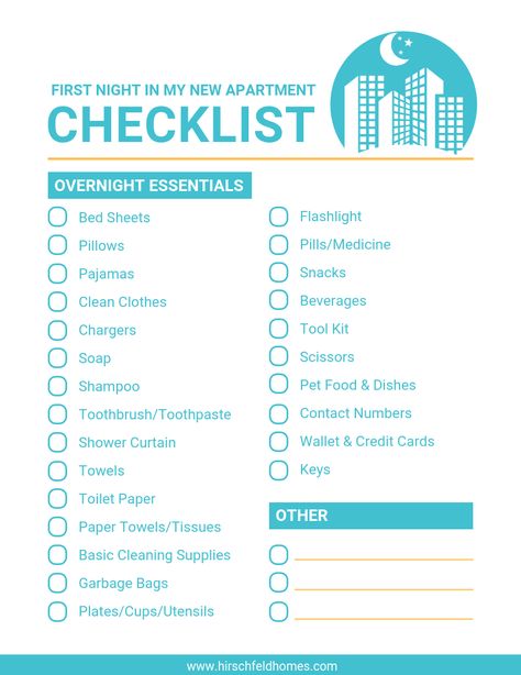 Download our FREE First Night Checklist | Hirschfeld Apartments First Night In New Apartment Checklist, First Night In New Apartment, First Night Essentials Moving, First Night Apartment Essentials, First Night Moving Essentials, First Night Box Moving, New House Essentials List, First Night In New Home Checklist, New Apartment Shopping