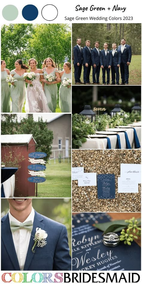 sage and navy wedding color inspirations for 2023, white bridal gown, sage green bridesmaid dresses, navy men's suits and sage bowties, navy wedding invites, sage wedding table centerpieces, navy napkins, navy and white wedding direction sign.#greenweddings #weddings #weddingideas #bridesmaiddresses #colsbm #2023 #sagegreenwedding Sage Green Navy Wedding Theme, Navy Suit Sage Green Dress, Sage Blue And White Wedding, Navy Suits With Bridesmaid Dresses, Navy And Sage Green Wedding Invitations, Navy And Sage Green Wedding Tables, Sage Blue And Gold Wedding, Navy And Sage Suit, Navy And Sage Green Color Palette