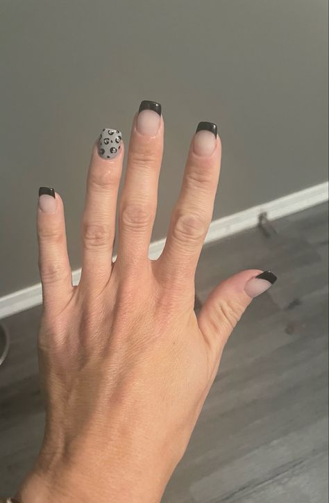 Black Nails With Accent Nail, French With Leopard Nails, Black French Tip Nails Leopard, French Manicure With Leopard Print, Lepord Print Nail French Tip, Black And Tan Leopard Nails, Black French Tips, Gray Nails, Accent Nails