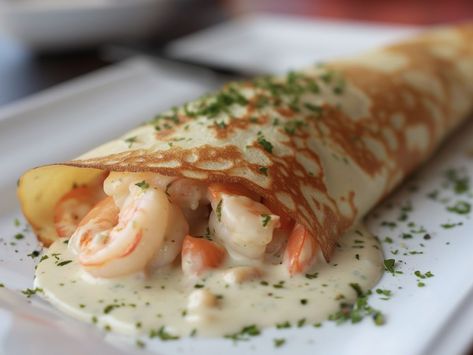 Seafood Crepes French Savory Crepes, Crab Stuffed Crepes, Seafood Crepes With Mornay Sauce, Shrimp Crepes Recipe, Dinner Crepes Recipe, Crab Crepes, Shrimp Crepes, Christmas Crepes, Seafood Crepes Recipe