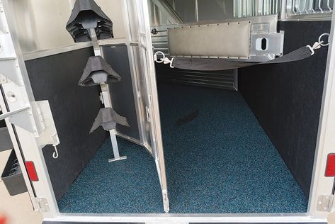 Horse Trailer Accessories, Lq Horse Trailer Storage Ideas, Horse Trailer Tack Room Ideas Bumper Pull, Bumper Pull Horse Trailer Conversion, Live In Horse Trailer, Converted Horse Trailer, Horse Loading Into Trailer, Awning Lights, Four Horses