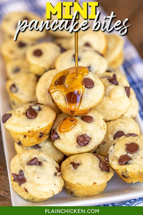 Mini Pancake Bites - bite-size pancakes loaded with maple syrup and chocolate chips. These have been on repeat at our house. Flour, baking powder, baking soda, salt, sugar, buttermilk, eggs, maple syrup, melted butter, and chocolate chips. Can make in advance and refrigerate or freeze muffins for an on-the-go breakfast during the week. Whip up a batch ASAP! Mini Pancake Bites, Buttermilk Eggs, Budget Breakfast, Easy Vacation Meals, Plain Chicken Recipe, Vacation Breakfast, Freeze Muffins, Cottage Recipes, Beach Recipes