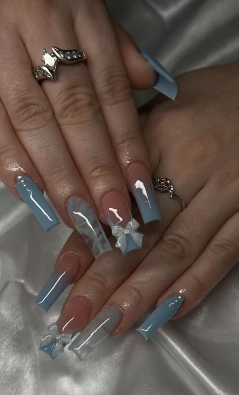 Blue Nail Set Ideas, Blue Nail Inspo Acrylic, Blue Nails Long, Prom Nail, Baby Blue Nails, Blue Acrylic Nails, Girly Acrylic Nails, Classy Acrylic Nails, Long Acrylic Nails Coffin