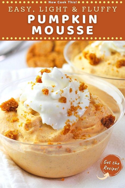 This quick and easy pumpkin mousse is a creamy, rich, velvety, light and fluffy no-bake dessert that you can enjoy all throughout the fall and holiday season (it makes a great Thanksgiving dessert). It's even more delicious when topped with a dollop of whipped cream and some crumbled gingersnap cookies. Get the recipe and try it! Cottage Cheese Pumpkin Mouse, Pumpkin Mouse Cups, Pumpkin Moose Recipe, Pumpkin Moose Parfait, Pumpkin Fluff Recipe, Pumpkin Mousse Recipe Easy, Pumpkin Moose, Pumpkin Mousse Recipe, Mousse Recipes Easy