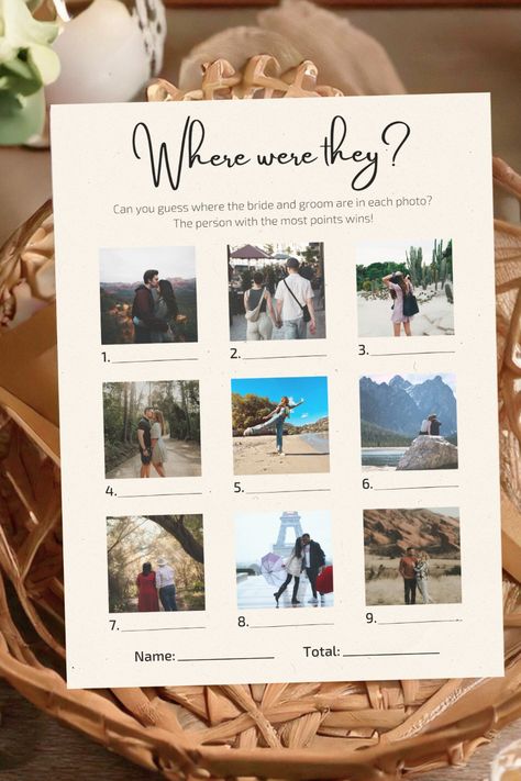 Get your "Where Were They?" wedding game template today in my Etsy shop and add a touch of fun to your special day!  This engaging game invites your wedding guests to guess the couple's travel destinations from vacation photos. It's a unique and memorable way to capture laughter and create lasting memories.  Ideal for weddings, bridal showers, and couples' showers, this editable Canva template is easy to customize, making it a breeze to personalize with your wedding theme and style. Wedding Activities For Guests, Wedding Guest Activities, Wedding Coloring Pages, Garden Party Bridal Shower, Kids Wedding Activities, Bridal Shower Activities, Wedding Game, Wedding Signs Diy, Game Template