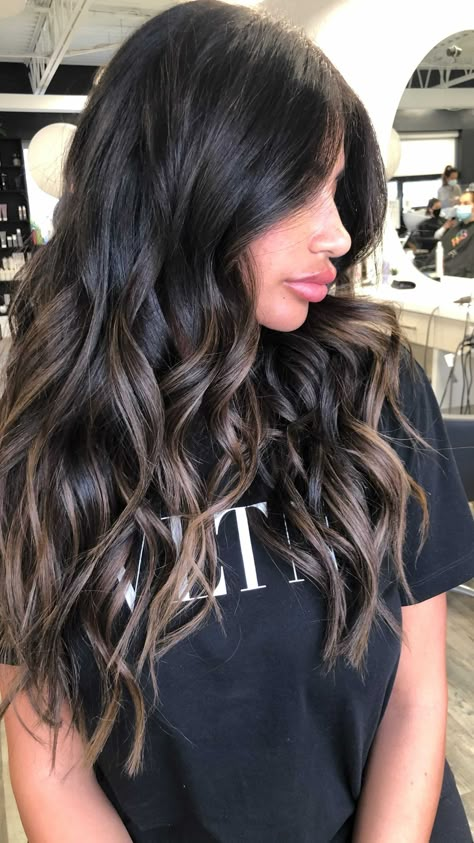 Long Black Hair With Balayage, Halo Balayage Brunette, Black Box Dye To Balayage, Cool Toned Balayage On Dark Hair, Black Box Dye Transformation, Hair Colour On Black Hair, Warm Brown Balayage On Black Hair, Box Dye Hair Color, Cool Tone Hair Colors