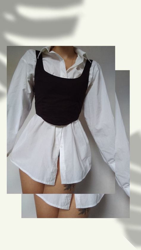 Oversized White Shirt With Corset, Long Sleeve Shirt With Corset, Oversized Shirt With Corset Outfit, Corset Top Over White Button Up, Corset With Straps Outfit, Denim Corset With White Shirt, Corsets Over Shirts, Corset Top With White Shirt, White Button Up With Black Corset