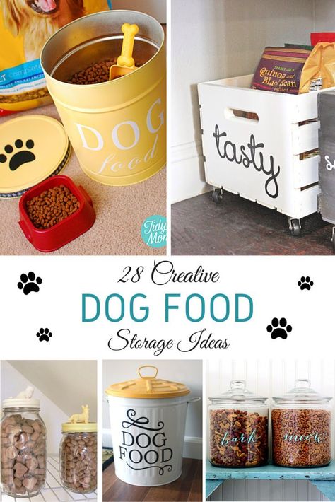 28 Creative Dog Food Storage Ideas to DIY and keep your home looking good and organized - no more big bags laying around!  #dogs #diydogstuff #dogfoodstorage #storage #organizing #organizingideas #containers #dogstuff #homedecorideas #diygifts #homemadegifts #dogs #dogowners #dog Dog Food Storage Ideas, Dog Food Storage Diy, Dog Supplies Storage, Food Storage Ideas, Pet Supplies Organization, Dog Storage, Dog Organization, Diy Dog Food, Dog Food Container