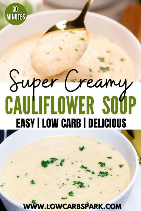 Coliflower Soup, Cream Of Cauliflower Soup Recipe, Healthy Soup Recipes Clean Eating, Easy Cauliflower Soup, Cauliflower Soup Recipe, Fat Burning Soup, Parmesan Soup, Creamy Cauliflower Soup, Cauliflower Soup Recipes