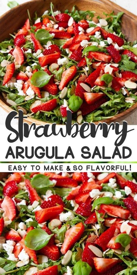 Strawberry arugula salad in with nuts and goat cheese in a wooden salad bowl. Arugala Salad Recipes, Arugula Goat Cheese Salad, Strawberry Arugula Salad, Arugula Salad Recipes, Creamy Goat Cheese, Goat Cheese Recipes, Strawberry Salad, Goat Cheese Salad, Arugula Salad