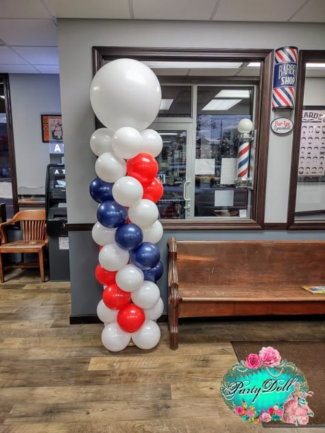 A balloon column to celebrate 13 years of business in Wooster, Ohio! Congratulations Helms! Barbershop Grand Opening Ideas, White And Blue Balloons, Airplane Birthday Party Decorations, Beauty Shop Decor, Wooster Ohio, Christmas Balloon Decorations, Office Wall Design, Airplane Birthday Party, Barbershop Design