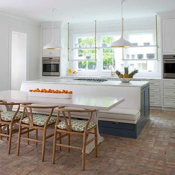 Kitchen Island Banquette, Kitchen Island With Bench Seating, Seating In Kitchen, Banquette Design, Kitchen Dining Room Combo, Blue Kitchen Island, Kitchen Island Dining Table, Banquette Seating In Kitchen, Cottage Dining Rooms