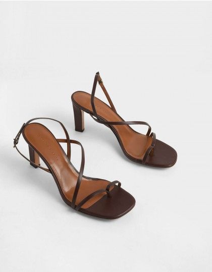 Charles & Keith Asymmetric Stap Open Toe Sandals Charles And Keith Shoes, Charles And Keith, Brown Sandals Heels, Embroidered Heels, Strappy Block Heels, Fall Items, Faux Leather Heels, Buckled Heels, Brown Shoes