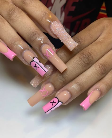 Kaws Nail Ideas, Kaws Acrylic Nails, Kaws Nails, Pink Kaws, Nail Ideas Pink, Nails Design Short, Cute Pink Nails, Acrylic Nails Ideas, Nails Valentines