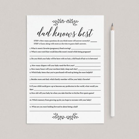 Are you hosting a couples baby shower? Play this funny game to bring the dad-to-be into the mix. It will be entertaining for all of your guests!Before the baby shower, contact the dad-to-be and ask him questions about the pregnancy, birth, and baby listed on this minimalist black and white game. The questions can be personalized. Write down the answers, or, to make it even more fun, consider a short video of the answer.At the baby shower, give everyone a pen and a game card and let them guess ho Baby Shower Question Game, Couple Baby Shower Games, Co Ed Baby Shower Ideas Games, Baby Shower For Dads, Dad Baby Shower Games, Dad Baby Shower Ideas, Fun Baby Shower Games Hilarious, Baby Shower Games For Men, Mom Or Dad Baby Shower Game