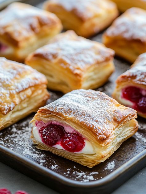 Ingredients: - 1 sheet puff pastry, thawed - 4 oz cream cheese, softened - 1/4 cup granulated sugar - 1/2 teaspoon vanilla extract - 1/2 cup raspberry preserves - 1 egg, beaten (for egg wash) - Powdered sugar (optional, for dusting) Instructions: 1. Preheat oven to 375°F (190°C). Line a baking sheet with parchment paper. 2. Roll out the puff pastry sheet on a lightly floured surface and cut into 9 squares. 3. In a bowl, mix the cream cheese, granulated sugar, and vanilla extract until smooth. Cute Pastries Recipes, Raspberry Puff Pastry, Fancy Pastry Recipes, Strawberry Cream Cheese Puff Pastry Recipes, Dessert Pastries, Puff Pastry Raspberry Cream Cheese, Puff Pastry With Raspberries, Raspberry And Cream Pastry, Rasberry Cheese Puff Pastry