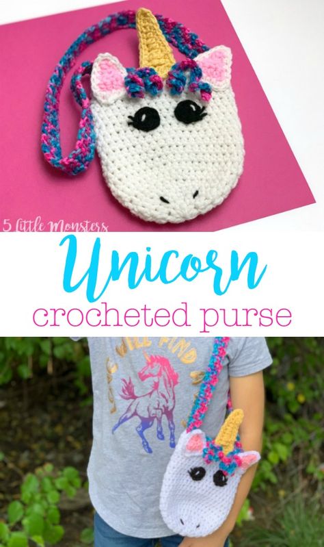 Crochet a child size unicorn purse with this free crochet pattern Crochet Unicorn Bag Pattern Free, Unicorn Purse Crochet Pattern Free, Crochet Childs Bag Pattern Free, Unicorn Bag Crochet, Beginner Crochet Unicorn, Unicorn Hat Crochet Pattern Free, Kids Crochet Purse Pattern Free, Crochet Unicorn Purse, Unicorn Crochet Pattern Free