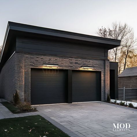 Brook Black House Exterior Lighting, Black House Ideas Exterior Paint, Lights Above Garage Doors, Garage Door Lights Exterior, Garage Exterior Lights, Iron Ore Exterior House, Outdoor Lighting Garage, All Black House Exterior, Dark Exterior House Colors