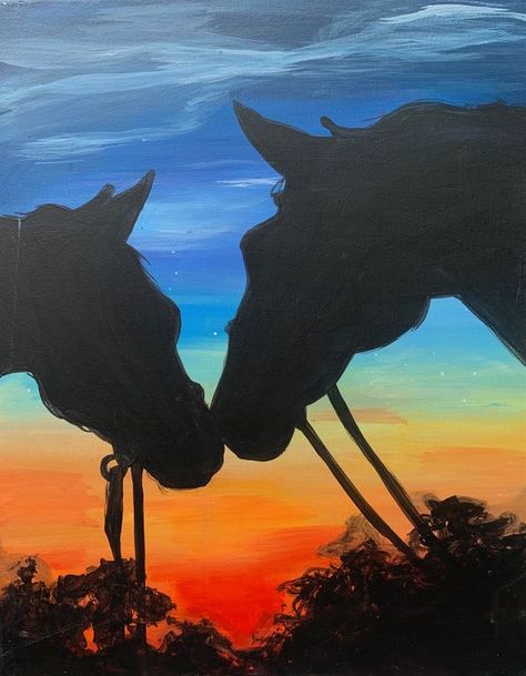 Simple Horse Painting Ideas, Horse Paintings Acrylic Easy, Horse Sunset Painting, Horse Painting Simple, Sunset Farm Painting, Rodeo Paintings Easy, Paintings Of Horses On Canvas, Easy Western Paintings Canvases, Farm Animal Canvas Painting