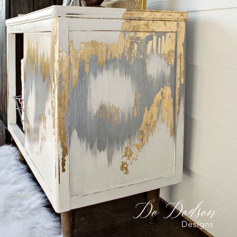 Metallic silver and gold leaf finish for furniture. Gold Leaf Furniture, Mid Century Modern Cabinets, Dresser Painted, Second Hand Furniture, Camping Furniture, Diy Camping, Bohol, Refurbished Furniture, Paint Furniture