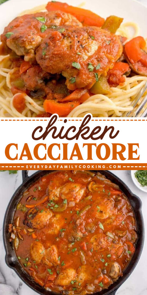 Here's a simple chicken recipe for dinner! This Chicken Cacciatore is a quick and easy recipe ready in 15 minutes! Add this baked chicken recipe to your simple weeknight dinner ideas! Chicken Catchatori Recipe, Chicken Recipe For Dinner, Weeknight Dinner Ideas, Baked Chicken Recipe, Cacciatore Recipes, Quick Family Dinners, Chicken Cacciatore Recipe, Facebook Recipes, Recipe For Dinner