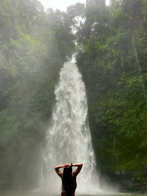 Nungnung Waterfall Bali, Forest Travel Aesthetic, Lush Green Aesthetic, Bali Holiday Aesthetic, Travel Aesthetic Nature, Travel Instagram Aesthetic, Waterfall Aesthetic Girl, Jungle Girl Aesthetic, Bali Girl Aesthetic