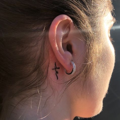 Tiny, beautiful, and special Cross tattoo behind the ear Tattoo Idea Behind Ear, Red Cross Tattoo Behind Ear, Cross Tattoo Behind The Ear, Behind The Ear Tattoo Ideas Unique, Cross Tattoo Behind Ear, Cross Behind Ear Tattoo, Cross Tattoo Neck, Behind Ear Tattoos, Behind The Ear Tattoo