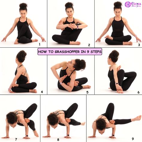 HOW TO GRASSHOPPER POSE IN 9 STEPS – Elena Miss Yoga Yoga Poses For Beginners Videos, Partner Yoga Poses For Beginners, Arm Balance Yoga Poses, Grasshopper Pose, Tattoos Black Women, Yoga Poses For Digestion, Yoga Arm Balance, Asana Yoga Poses, Hata Yoga