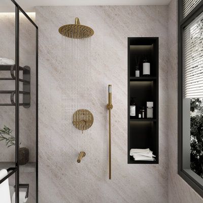 Black Shower System, Brass Bathtub, Modern Shower Design, Bathtub Spout, Water Control, Dual Shower Heads, Shower Niche, Tub Spout, Black Shower