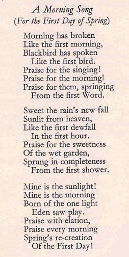 "Morning Has Broken" is a popular and well-known Christian hymn first published in 1931. It has words by English author Eleanor Farjeon and is set to a traditional Scottish Gaelic tune known as "Bunessan" (it shares this tune with the 19th century Christmas Carol "Child in the Manger"[1]). It is often sung in children's services. English pop musician and folk singer Cat Stevens (known as Yusuf Islam since 1978) included a version on his 1971 album Teaser and the Firecat. Hymns Lyrics, Morning Has Broken, Morning Songs, Christian Song Lyrics, Great Song Lyrics, School Morning, Song Words, Scottish Gaelic, Cat Stevens