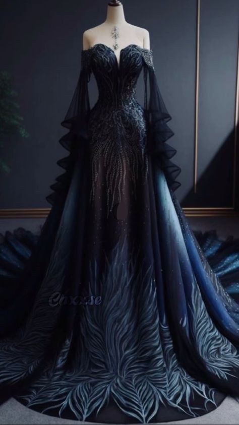 Fantast Dresses, Light Formal Dress, Blue Vampire Outfit, Acotar Clothes Aesthetic, Fantasy Gowns Warriors Dragon, Night Court Gown, Black Princess Dress Fairytale, Fantasy Dresses Aesthetic, Evil Princess Dress