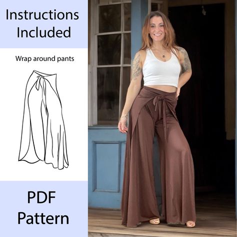 Tie Pants Pattern, Sewing Boho Clothes, Wrap Around Pants Pattern, Wrap Pants Pattern Free, Wrap Pants Pattern Diy, Wrap Trousers Pattern, Easy Pants Sewing Pattern, Wrap Pants Sewing Pattern, Flowy Pants Pattern