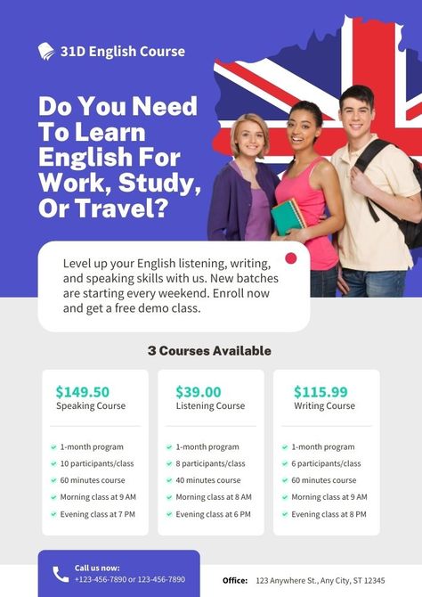 English course flyer design template FREE for Canva Pro users. Course Flyer Design, Educational Flyer, Course Flyer, English Language Course, Graphic Design Tutorials Learning, Modern English, Language Courses, English Course, Speaking Skills