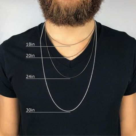 Quick Guide for Men's and Women's Chain Lengths for Jewelry – Mettle by Abby Men's chain length guide with photo easiest way to know what length chain you need Chain Length Chart, Mens Neck Chains, Men Urban Fashion, Gold And Money, Man Jewelry, Mens Fashion Jewelry, Silver Chain For Men, Chain For Men, Clear Quartz Point