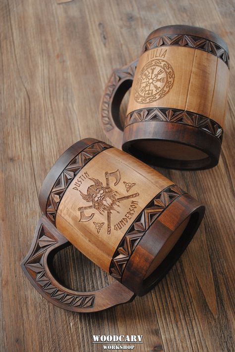 "Just imagine the perfect gift. This should something unique, something that makes the heart beat faster and smile. And now take a look at this mug! We manually processed each piece of wood to get the perfect result. Made of natural materials and decorated with decorative carved ornament. Would you like to hear \"WOW\" in response to your gift? Simply select one of the options for personalization and get a unique product. It is an ideal gift for beer lovers, as well as for a wedding, Christmas, 5 Anniversary, Nordic Gifts, Arte Viking, Wedding Mug, Wooden Beer Mug, Wooden Cup, Wedding Mugs, Wood Shop Projects, Gifts For Beer Lovers